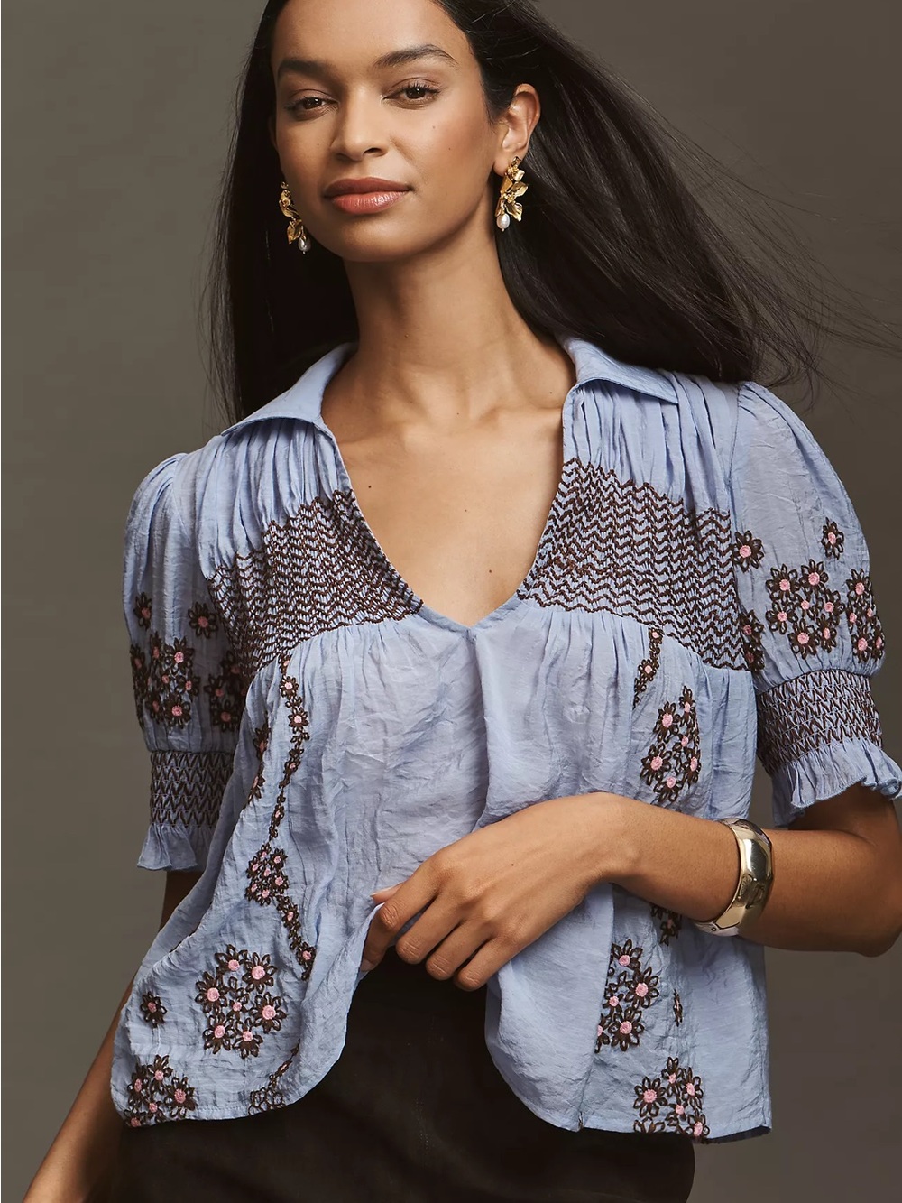 Anthropologie-Short-Sleeve Embroidered Swing Top